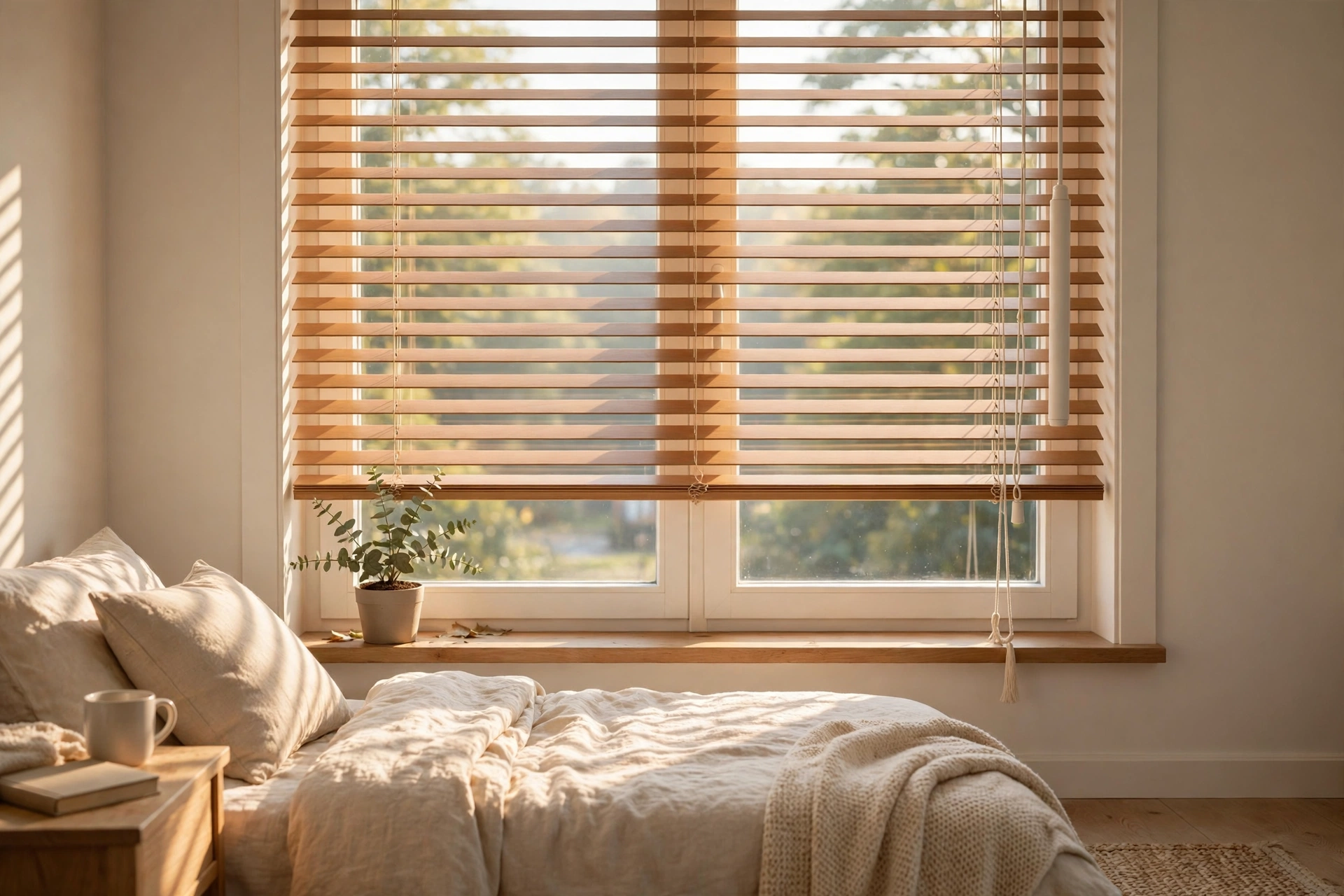 Wooden blinds with pull cords in a sunlit bedroom
