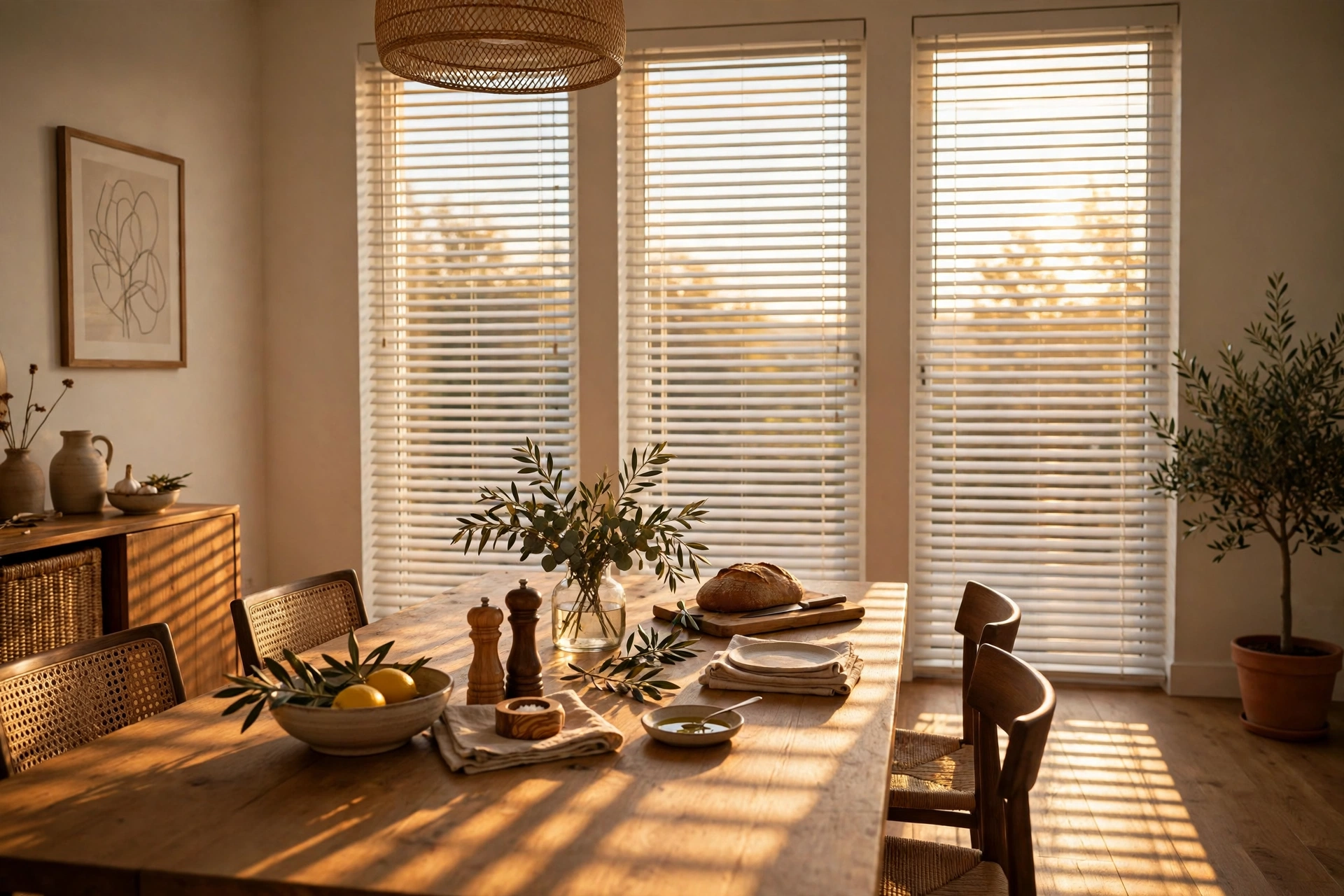 Sunlight striping through blinds across a dining room