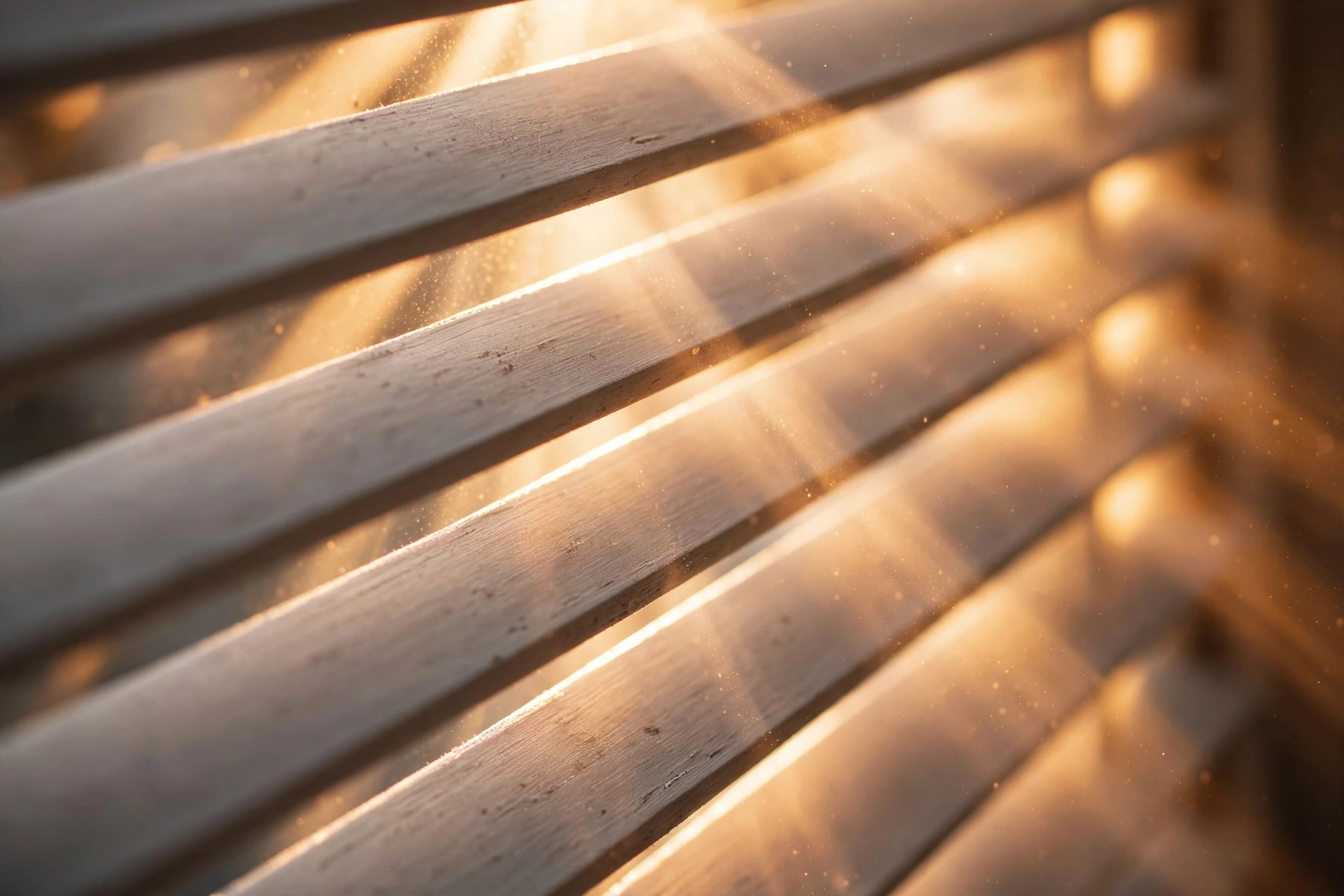 Sunlight cutting through tilted blind slats